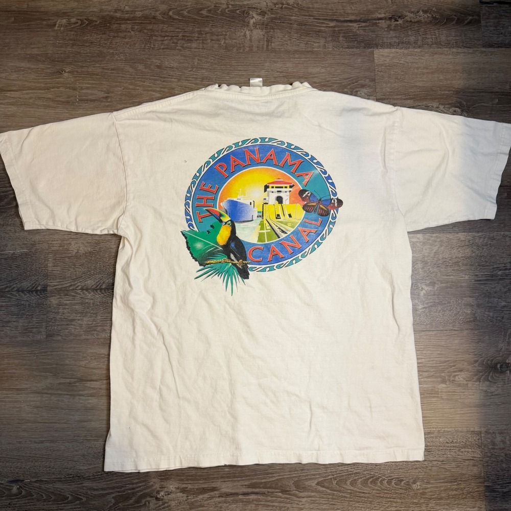 Vintage Tropic Plus The Panama Canal Toucan Graphic T-Shirt XL Off-White Cotton